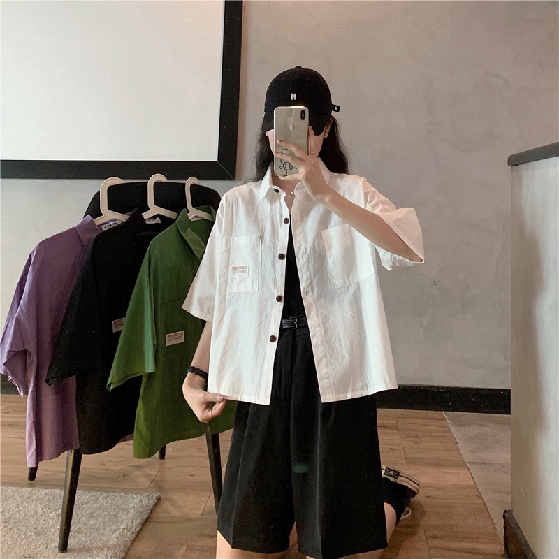 SUXI Áo Sơ Mi Thiết Kế Tay Ngắn Dáng Rộng Kiểu Cách Retro Cho Nữ