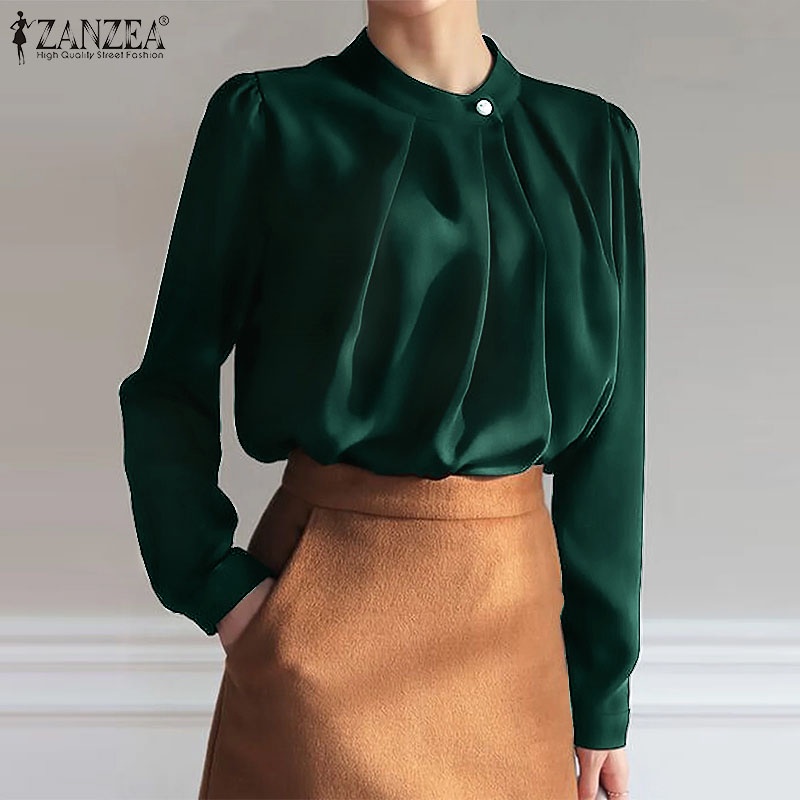 Áo Kiểu Zanzea Tay Dài Cổ Tròn Màu Trơn Thời Trang Thường Ngày Cho Nữ