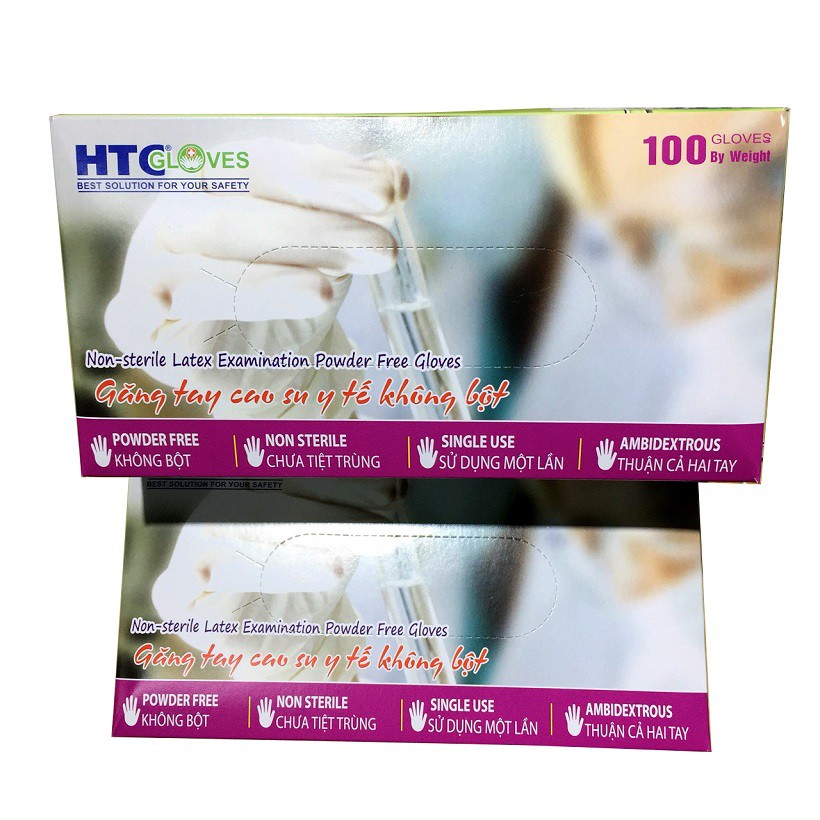 Găng tay y tế HTC không bột, cao su Latex thùng 10 hộp 100 cái/hộp.