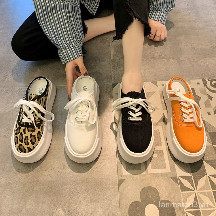 Baotou Slipper Women's Shoes2021Summer New Fashionable All-Match Breathable Platform Non-Slip Casual Lace up Canvas Shoes