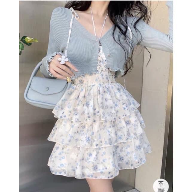 Sét đầm 2 dây hoa nhí xanh dáng xòe xếp tầng kèm áo khoác cardigan croptop dài tay chất lụa mềm thời trang hàn quốc