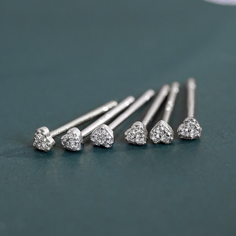 Bông Tai Hình Trái Tim Đính Đá Zircon Mini Màu Bạc Dễ Thương Cho Nữ