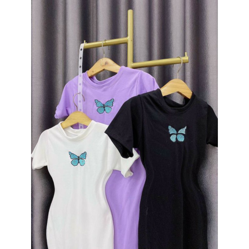 Đầm body tay ngắn thêu bướm (thun loại 1) | BigBuy360 - bigbuy360.vn