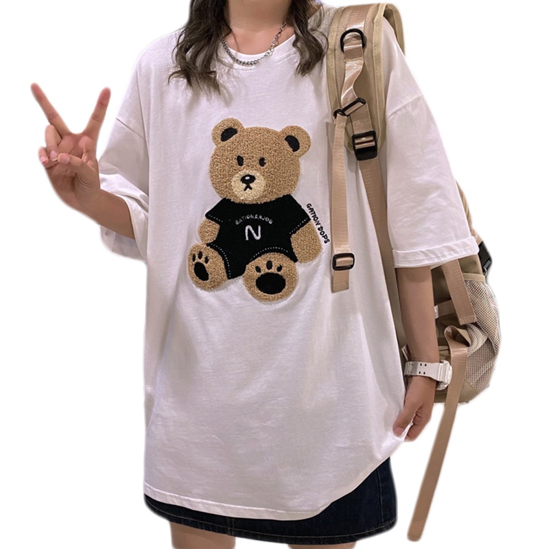 Xiangbao Áo Thun Tay Ngắn Cổ Tròn In Hình Gấu Dạng Xẻng