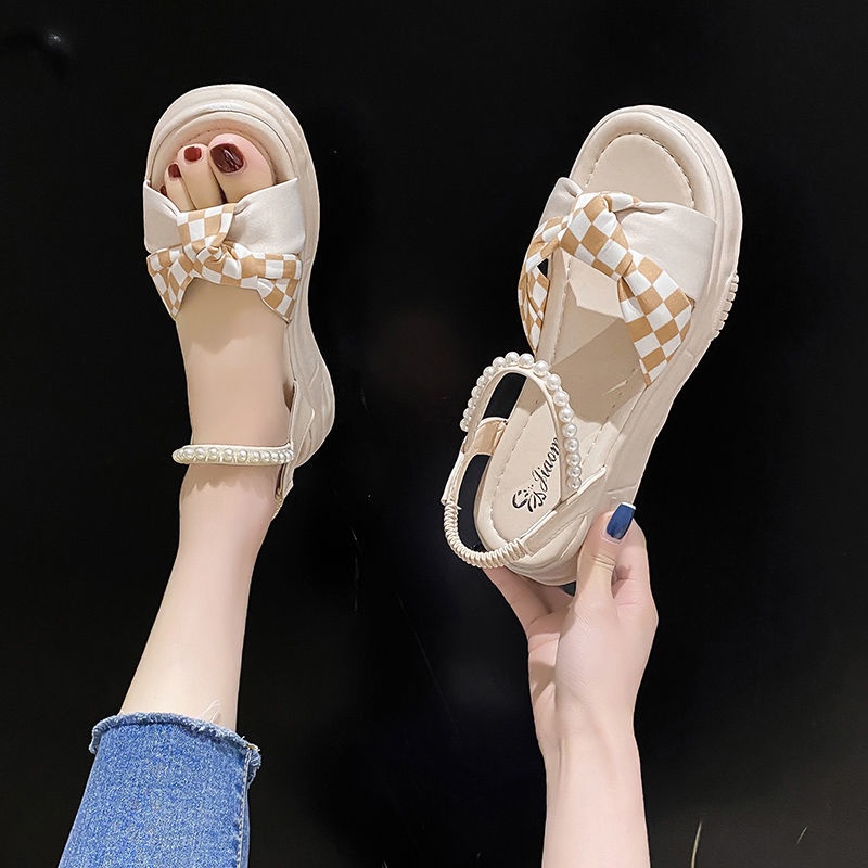 Giày Sandal Đế Dày Quai Đính Ngọc Trai Thời Trang Mùa Hè Phong Cách Mới Cho Nữ