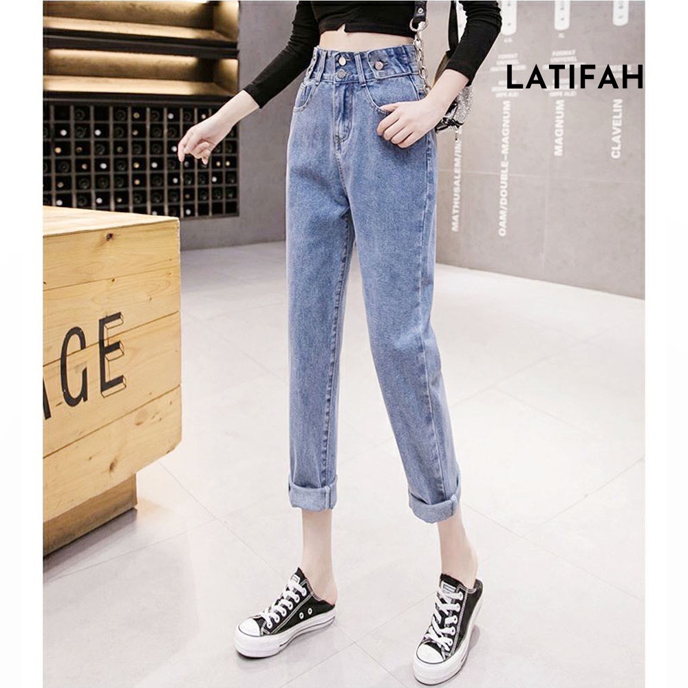  Quần baggy jeans nữ LATIFAH form rộng 2 bách vuông lưng thun QD016 phong cách hàn quốc