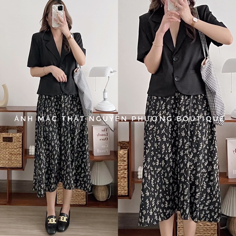 Chân váy hoa nhí xếp li nhỏ dáng dài vintage tiểu thư Hàn Quốc nhiều màu