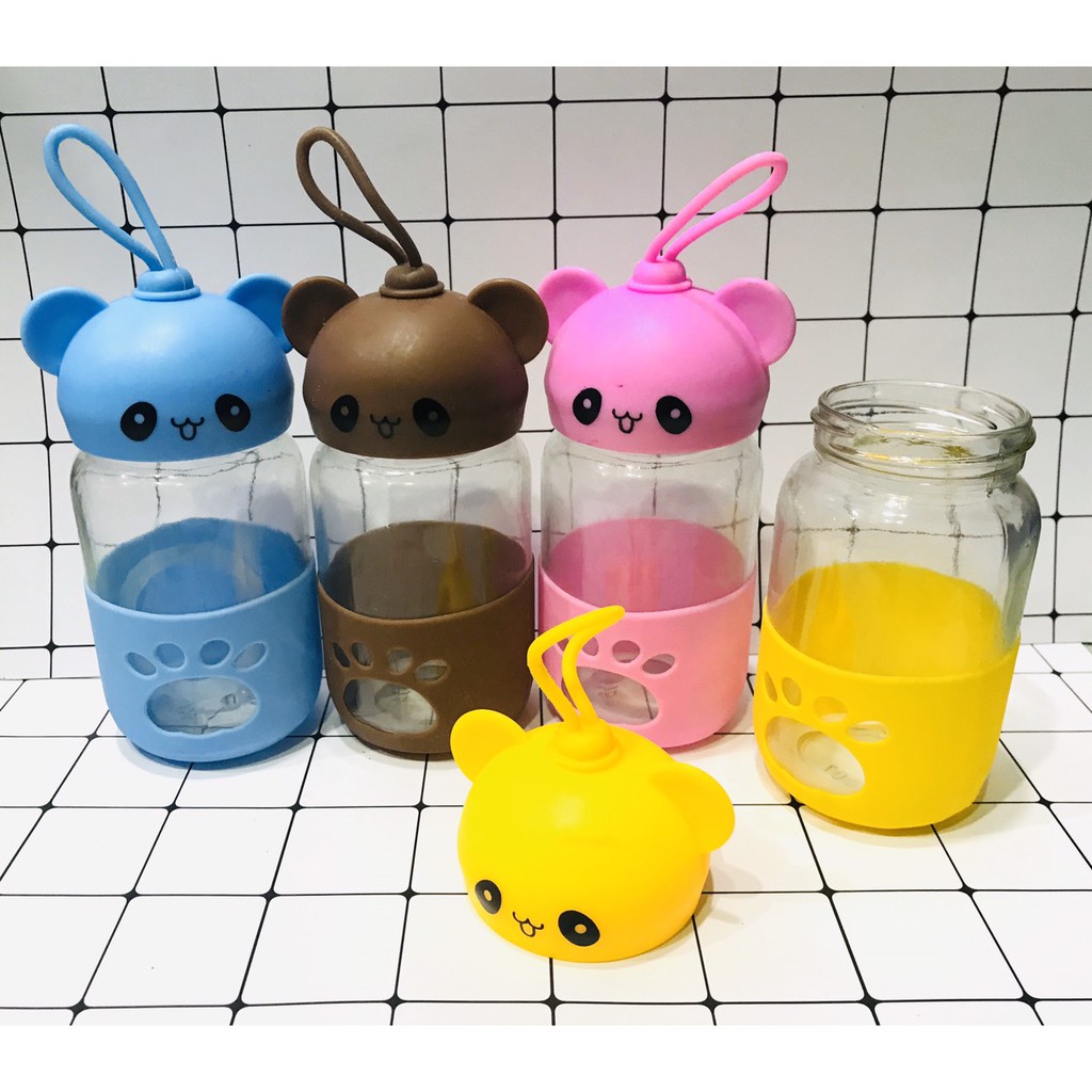 BN3 Bình Nước Thủy Tinh Nắp gấu 300ml bình gấu cute chai nước dễ thương