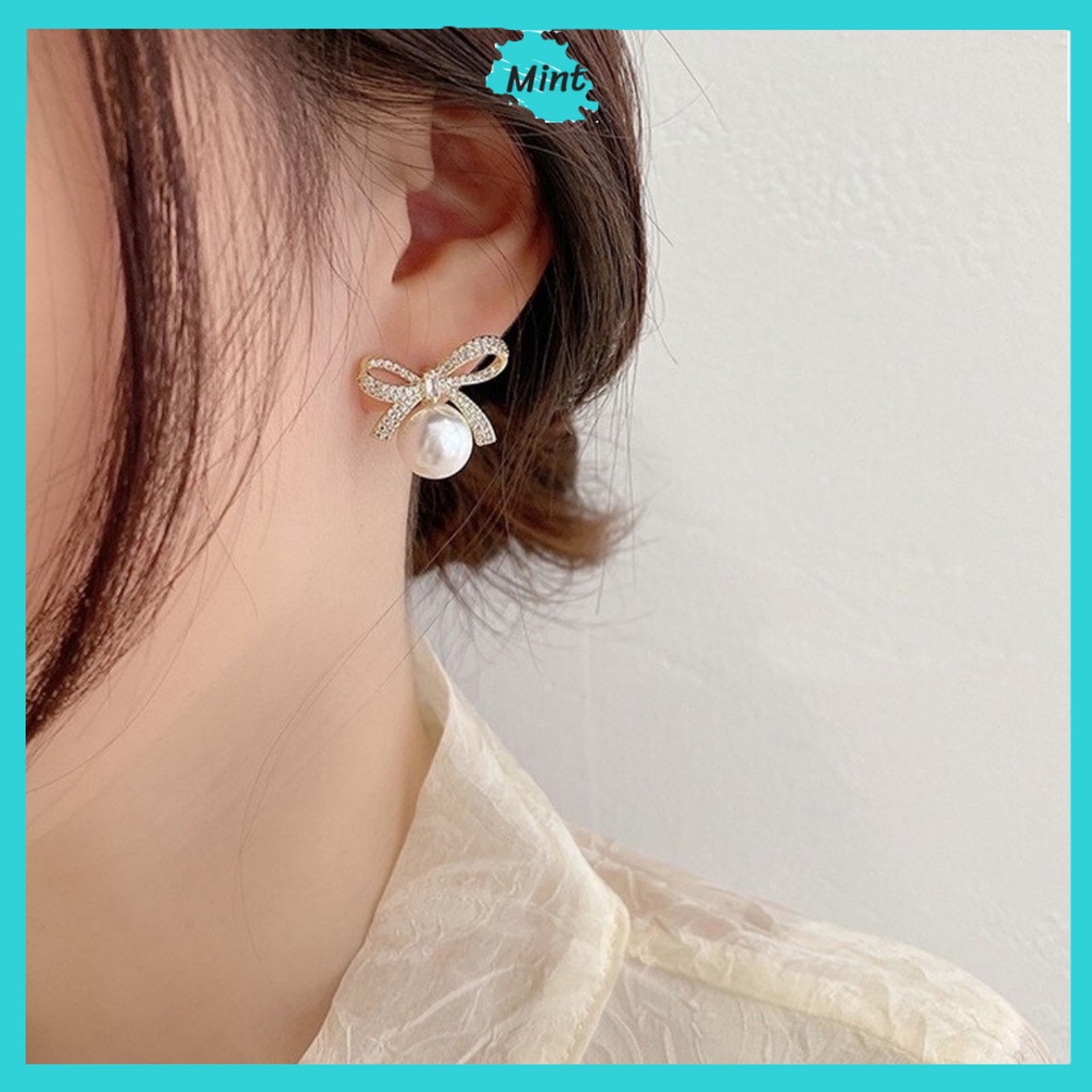 Bông Tai Nữ ❤️KHÔNG GÂY DỊ ỨNG❤️ Khuyên Tai Nơ Lớn Dự Tiệc Đính Ngọc Trai Nhân Tạo Phong Cách Hàn Quốc
