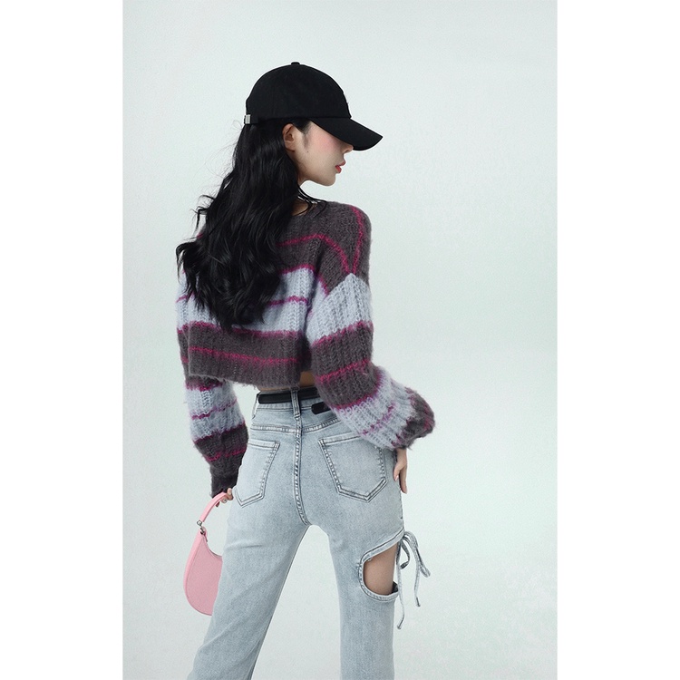 Áo Sweater Dệt Kim Dáng Rộng Ngắn Họa Tiết Kẻ Sọc Thời Trang Cho Nữ