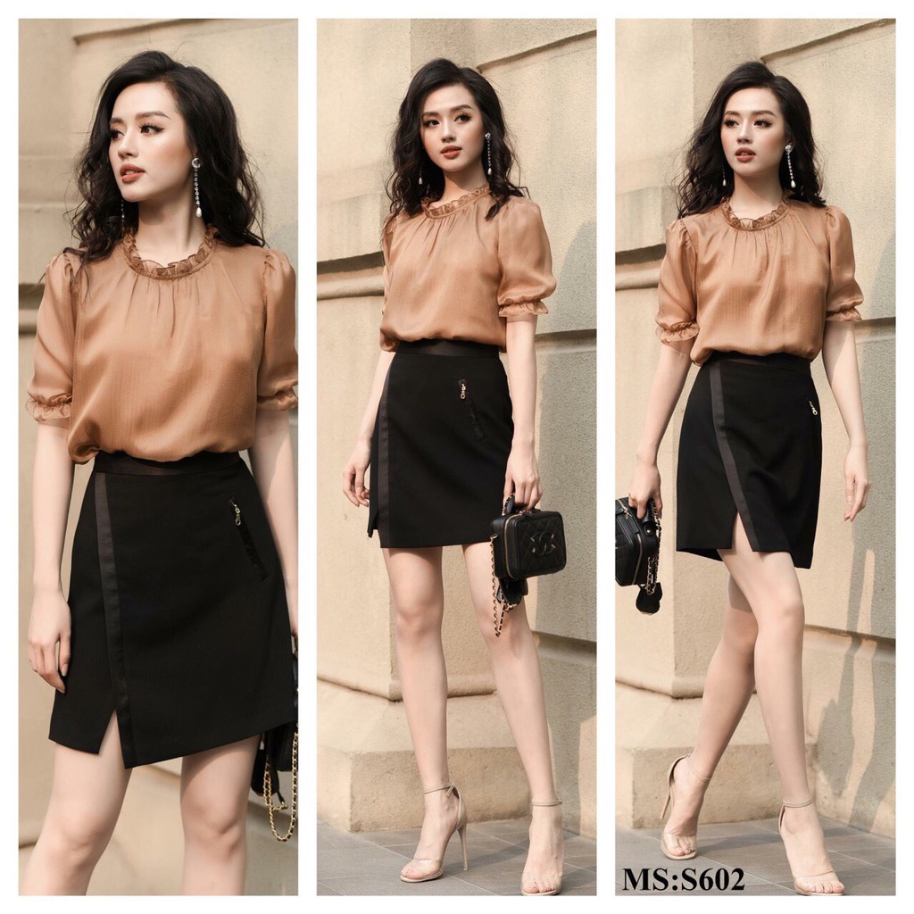 [ Mã FAGREEN55 giảm 10% tối đa 30K đơn 99K] Set áo nâu tây chân váy đắp vạt S602