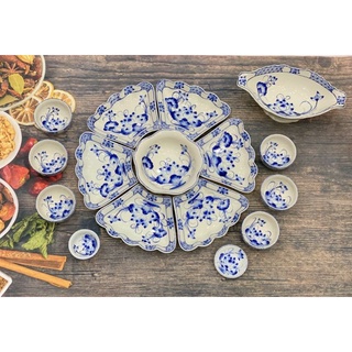 Bộ bát đĩa hoa mặt trời vẽ sen xanh đường kính 45cm và 55cm.Hàng gốm sứ Bát Tràng.