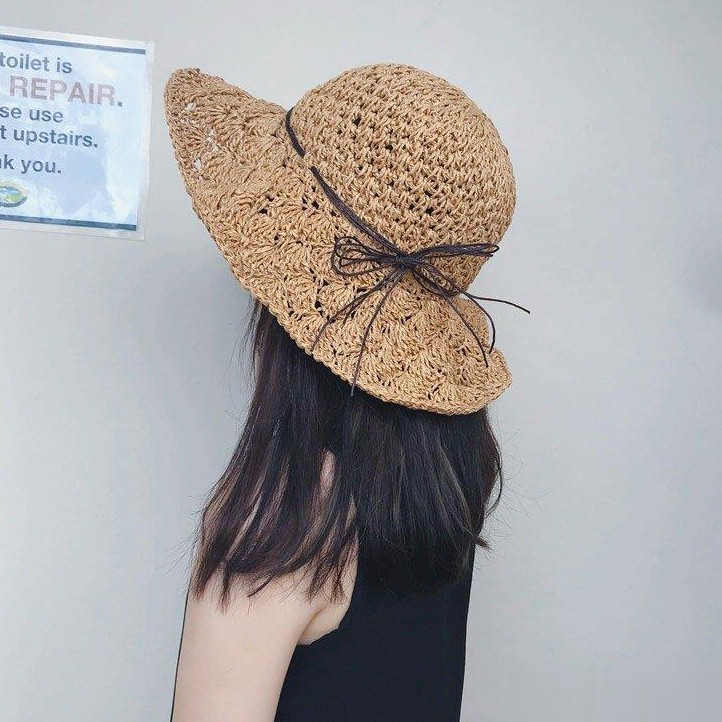 [Dou] Nón Mũ Cói Mềm Đi Biển Thời Trang Nữ Phối Dây Màu Nâu - Mã NC001