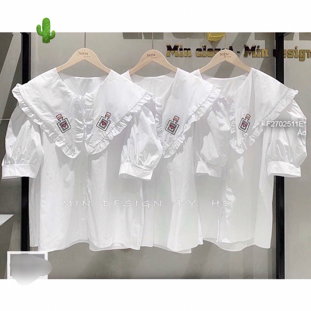 Áo sơ mi cổ sen phối bèo thêu nước hoa tay ngắn form rộng vải kate trắng thời trang Hàn Quốc thanh lịch dễ thương