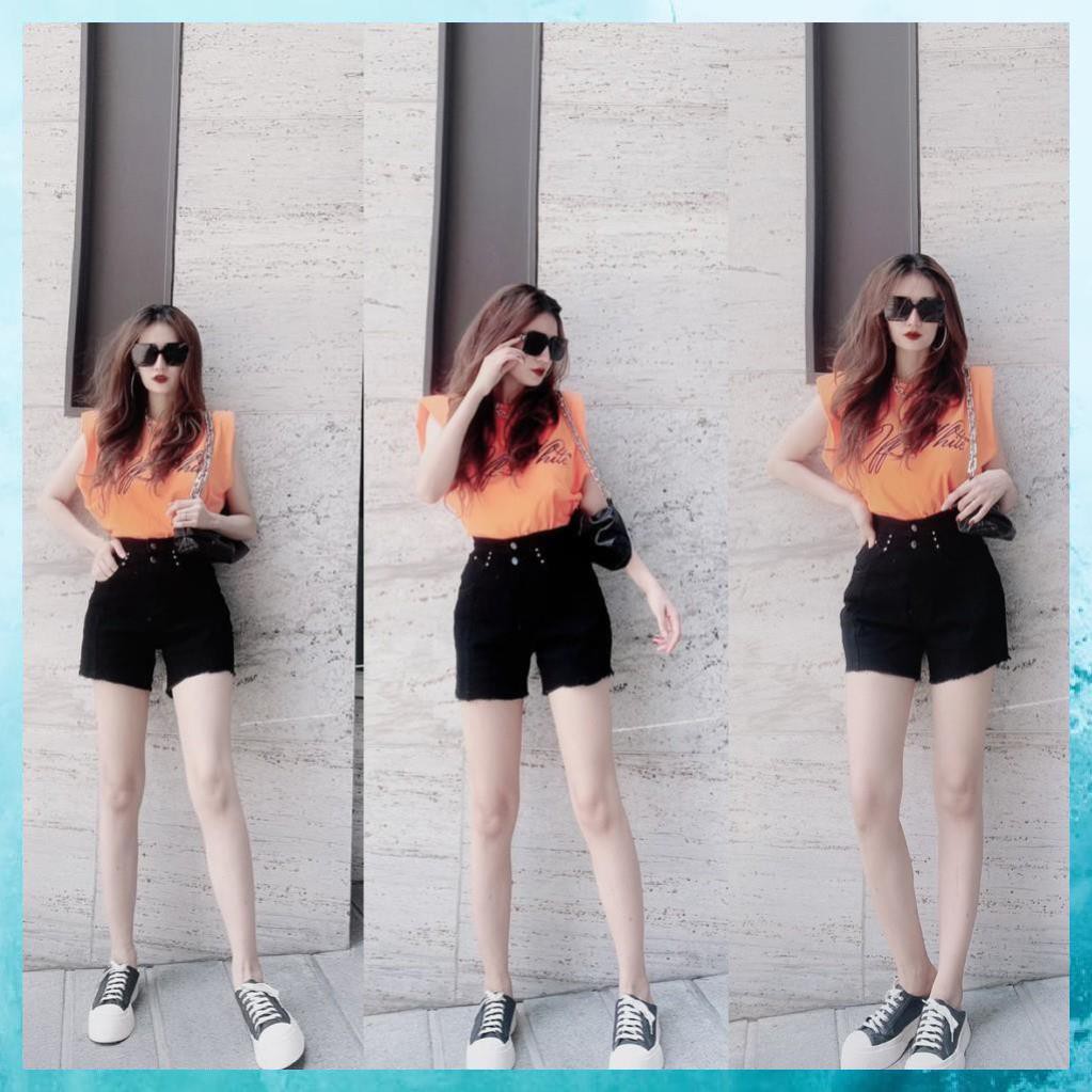 [TH Jeans] Quần sooc bò trơn gân trước, quần shorts jeans lưng cao túi chéo 2 khuy. Sooc bò S4105