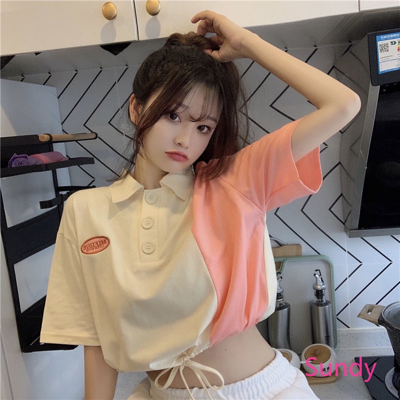 Áo Sơ Mi Cổ Polo Phối Dây Rút Màu Sắc Trẻ Trung Thời Trang Mùa Hè