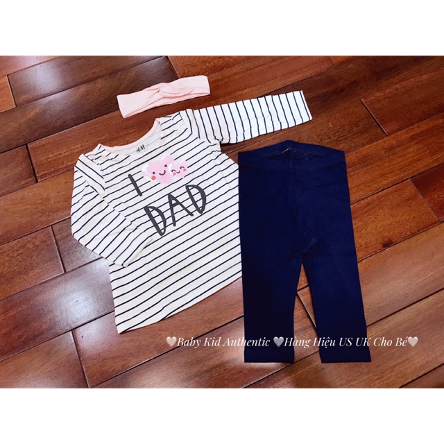 Set áo thun kẻ ngang quần legging Hm Auth bé gái 4-6m