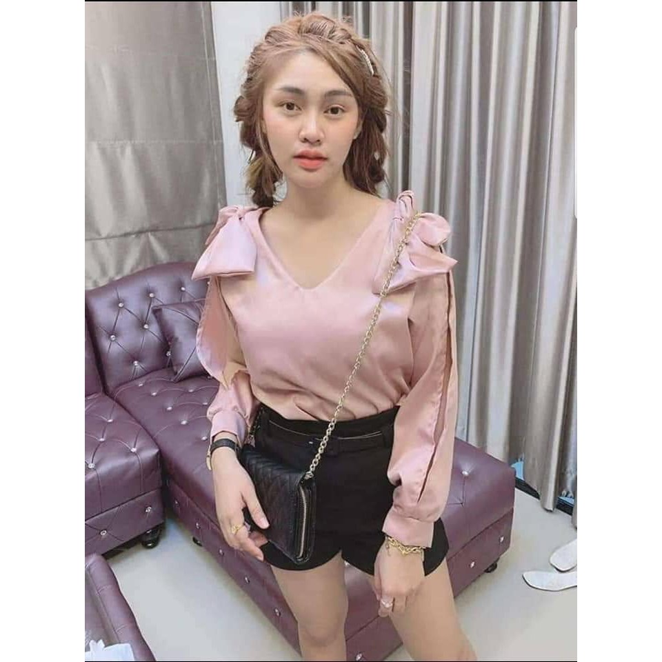 Áo Voan Kiểu Cổ V Tay Dài Phối Nơ Hai Vai Mẫu Mới Nữ Tính TTSL0146