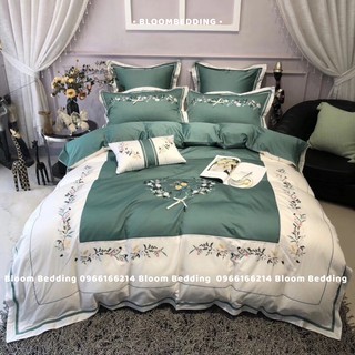 Bộ Chăn Ga Gối Lụa 60s Cao Cấp 6 Món Thêu Nguyệt Quế Xanh - BLOOM BEDDING