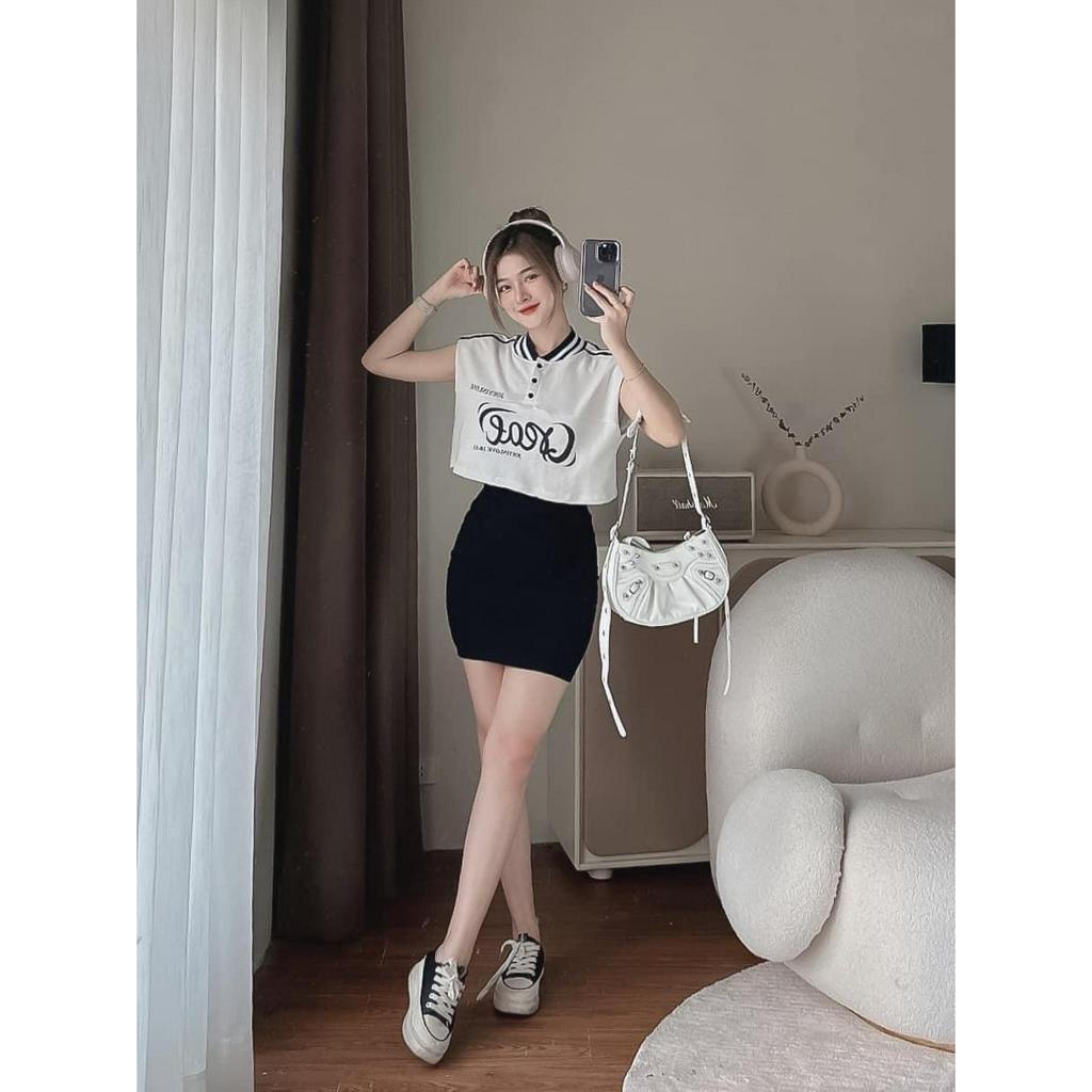( Freeship): Set áo thun cotton cổ trụ+ váy 2 dây chất bozip co dãn