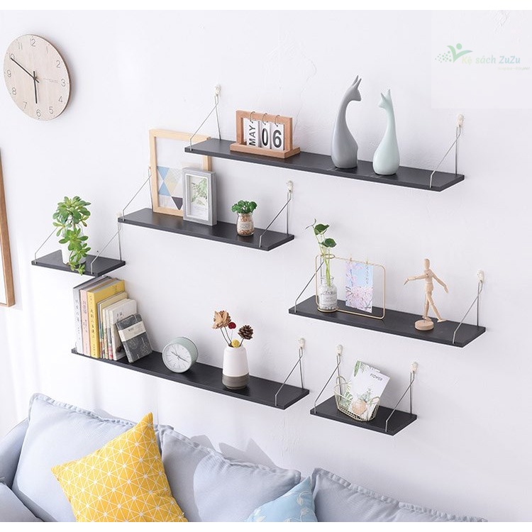 Kệ gỗ treo tường decor thiết kế dạng thanh treo sơn tĩnh điện, không cần khoan tường (đầy đủ phụ kiện đi kèm)
