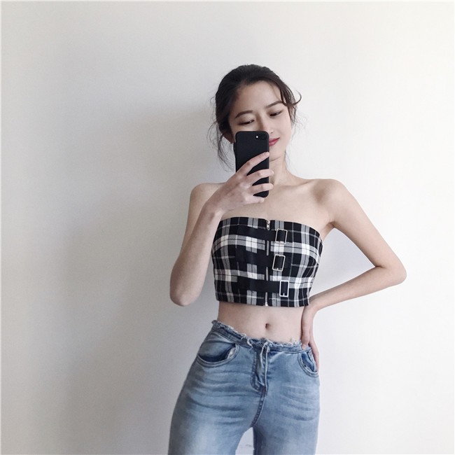 Stylish cotton square stripe pattern ao dai for women ulzzang plaid straps tank top | BigBuy360 - bigbuy360.vn