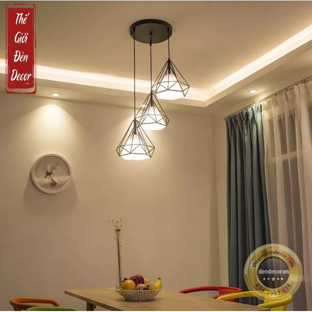 ĐÈN CHÙM 3 ĐÈN KIM CƯƠNG ĐẾ TO, ĐÈN THẢ T060 BÀN ĂN PHÒNG KHÁCH KÈM BÓNĐE