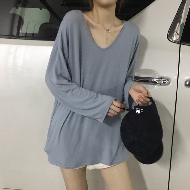 Áo Thun Tay Dài Cổ Chữ V Màu Sắc Đơn Giản Cho Nữ