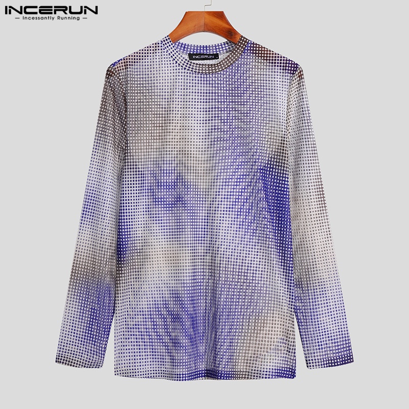 INCERUN Áo Thun Lưới Tay Dài Trong Suốt In Họa Tiết Hoa Thời Trang Dự Tiệc Cho Nam