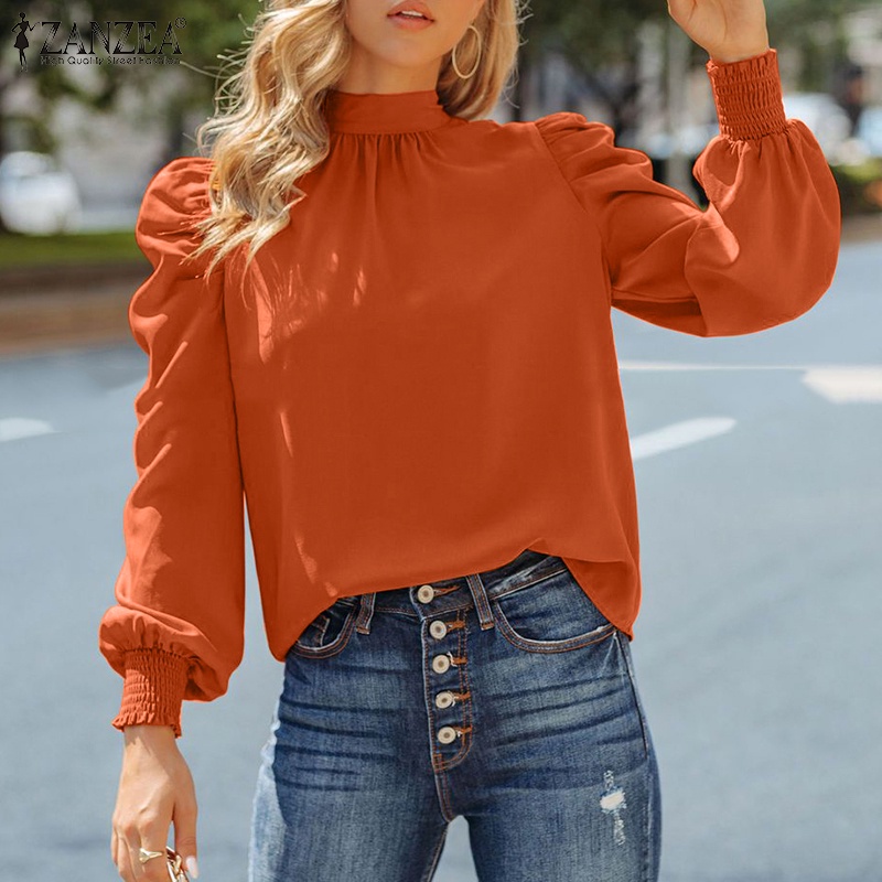 Áo kiểu ZANZEA thanh lịch cho nữ tay dài bo phồng cổ chữ O màu trơn dễ phối đồ hàng ngày