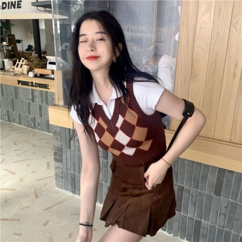 Áo len gile nữ croptop kẻ thoi