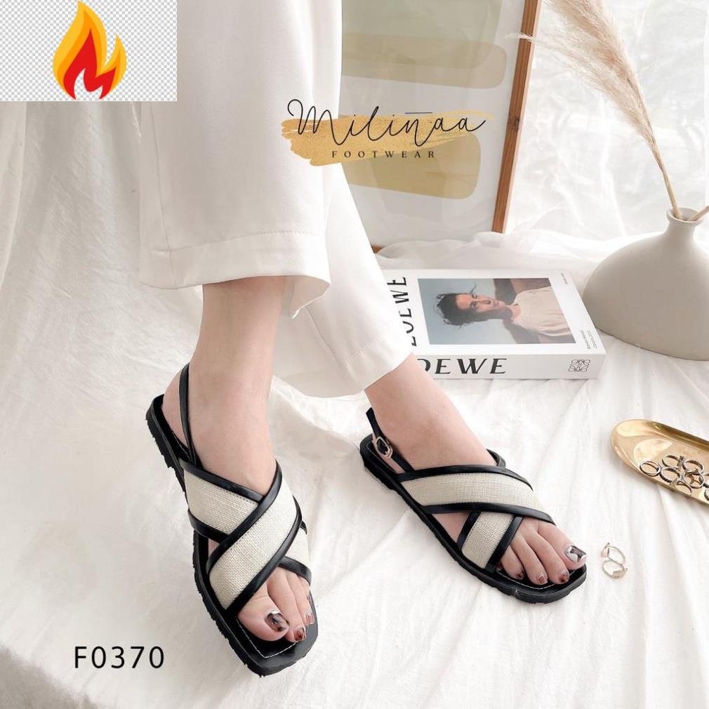 GIÀY SANDAL NỮ ĐẾ BỆT HAI QUAI CHÉO TO PHỐI NỈ HẬU GÀI F0370 LI%$
