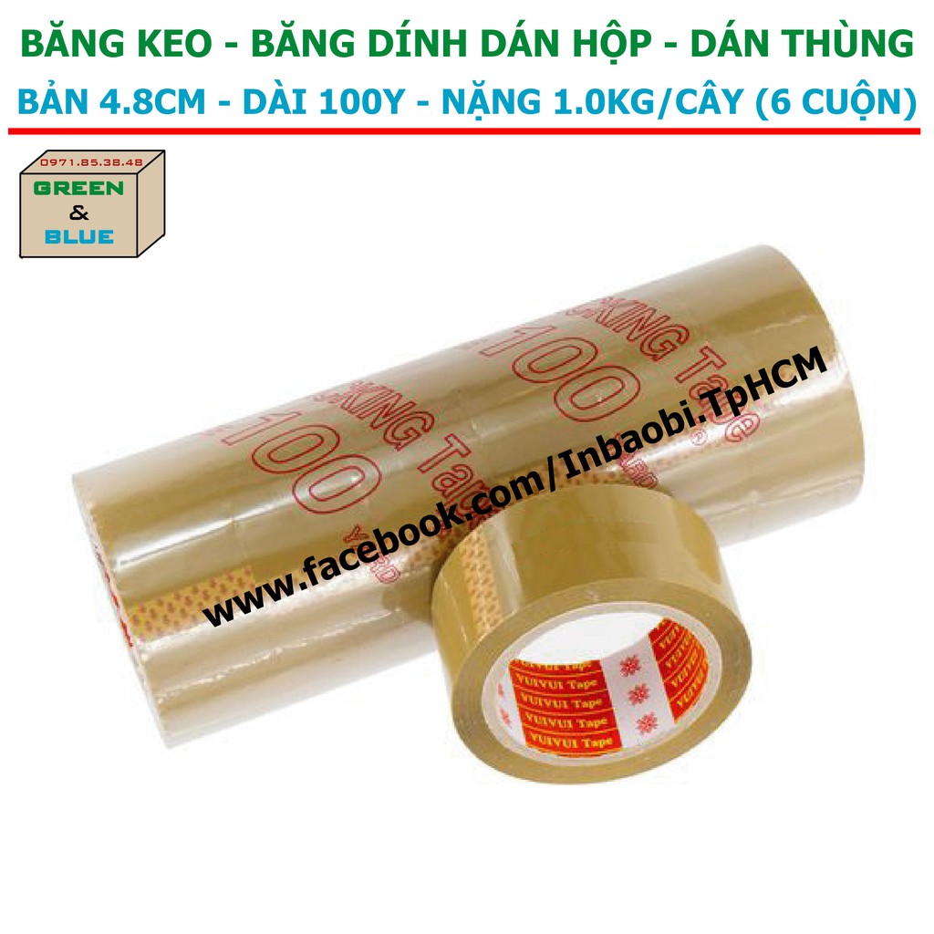 Băng keo đục dán hộp 100Y, Nặng 1kg/ cây, Dày 50 Mic, Bản 4F8, Băng keo dán thùng, băng keo giá rẽ, GreenBlueBox