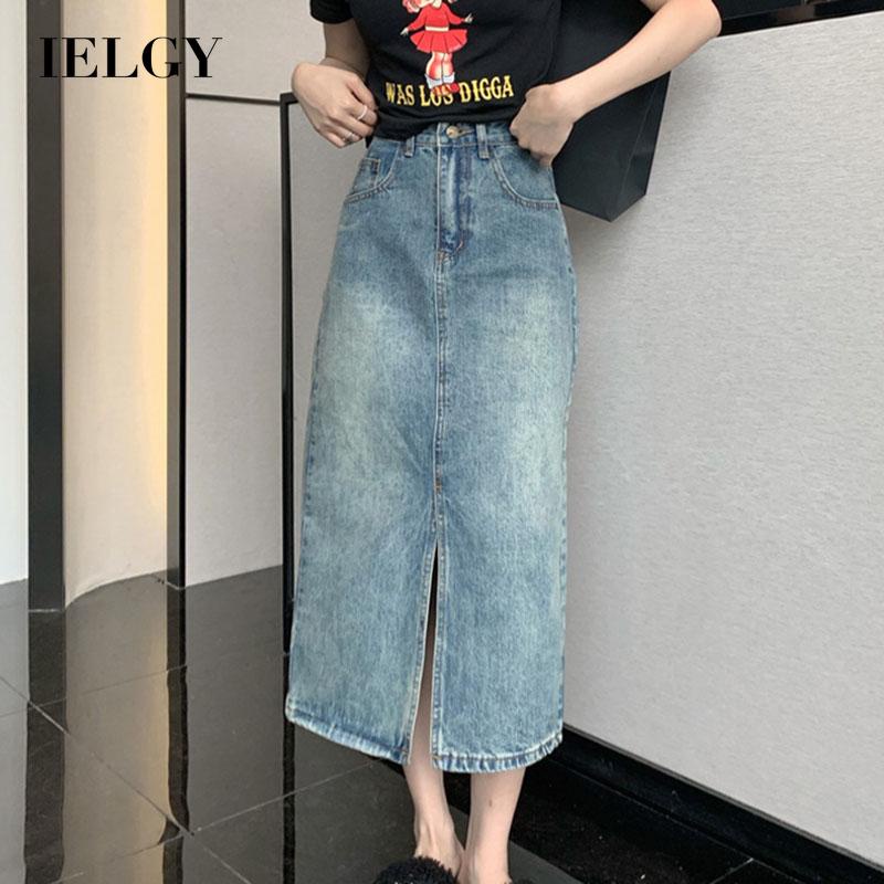 Chân váy jean IELGY dáng chữ A lưng cao phong cách retro dành cho nữ