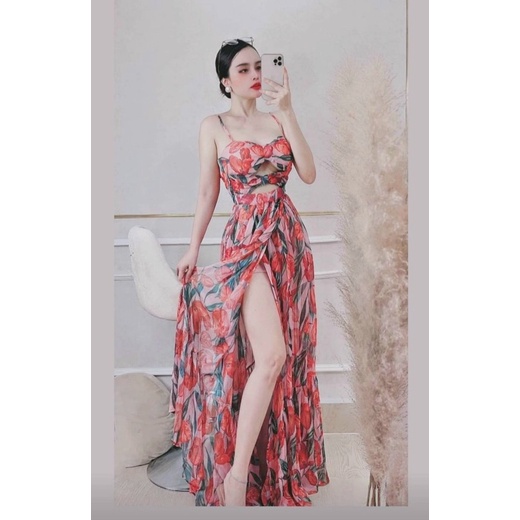 Đầm maxi hoa  2 dây có mút ngực tôn dáng