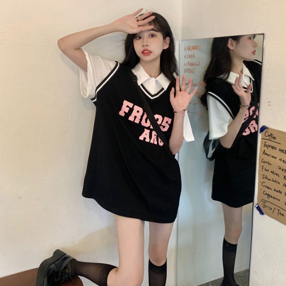 Đầm Thể Thao Ngắn Tay Dáng Rộng Có Cổ Thời Trang Hàn Quốc Cho Nữ