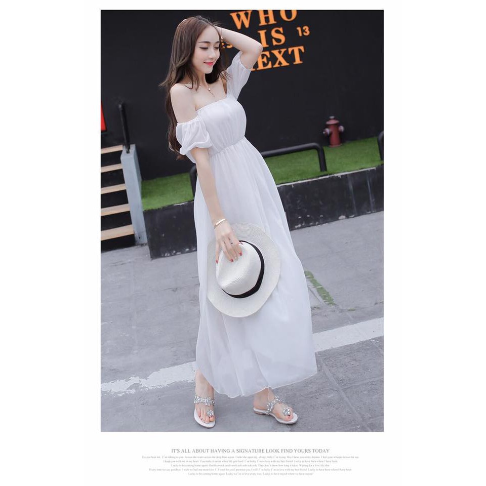 Đầm maxi trắng tay con