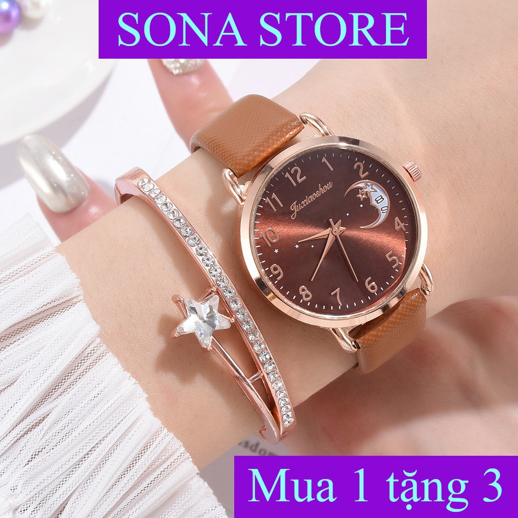 Đồng hồ nữ mặt tròn , Đồng hồ đeo tay dây da nữ đẹp giá rẻ Tặng kèm vòng tay - SONA STORE - YC81111