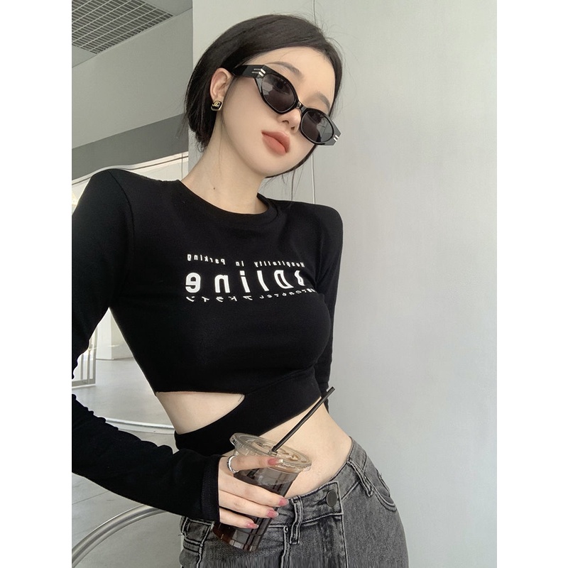 Áo Thun Croptop Tay Dài Dáng Ôm In Chữ Phong Cách Âu Mỹ Thời Trang Cho Nữ