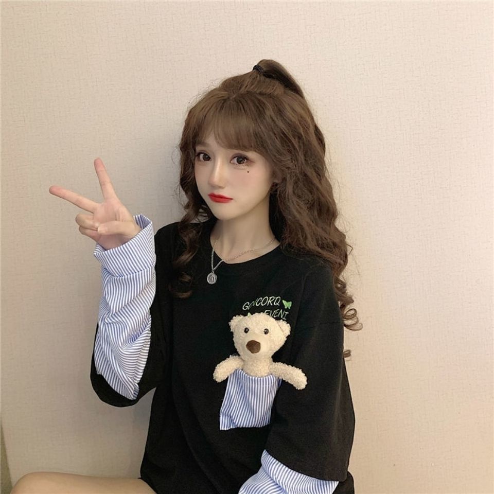 Áo Thun Tay Dài Giả Hai Lớp In Hình Gấu Thời Trang Mùa Xuân 2022 Plus Size Cho Nữ