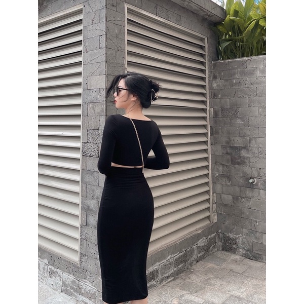 Ảnh thật ) V0802 Set body cotton áo cổ vuông và chân váy bút chì