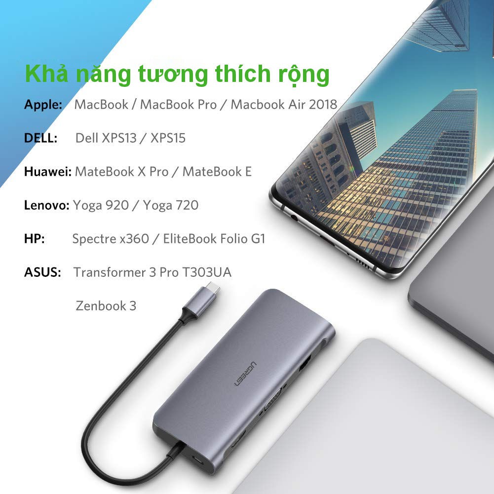 Bộ chuyển đổi đa năng UGREEN CM121 CM212 cho MacBook, Dell XPS 13, và thiết bị máy tính điện thoại hỗ trợ USB type C