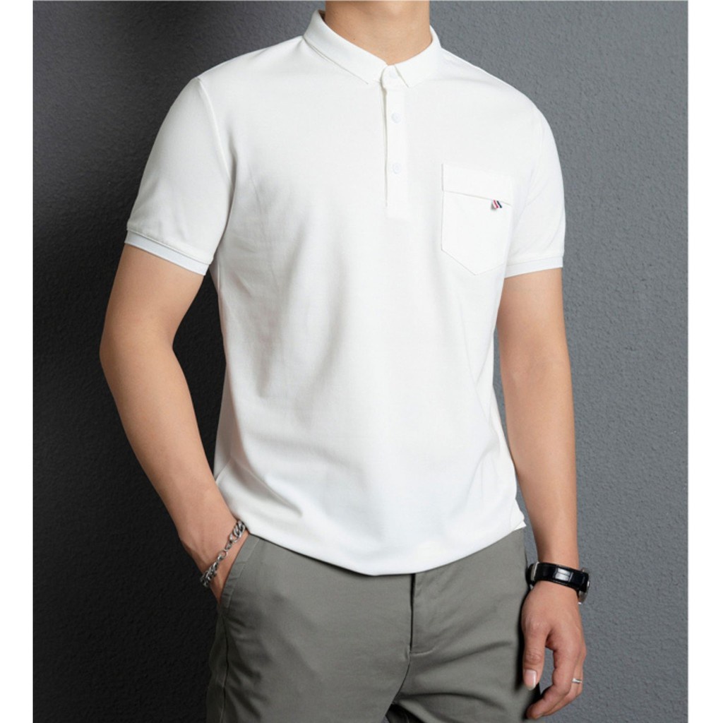 Áo Polo nam túi ngực cổ bẻ ngắn tay phom rộng dáng suông vải cá sấu 4 màu