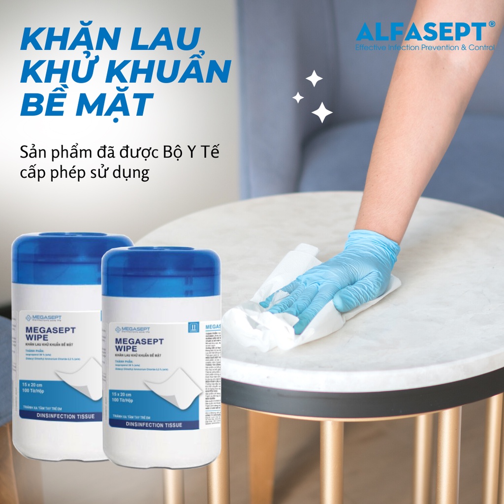 Khăn Lau Bề Mặt MEGASEPT Wipe Giúp Khử Khuẩn Nhanh Chóng, Hiệu Quả Và Tiện Dụng Hộp 100 Tờ