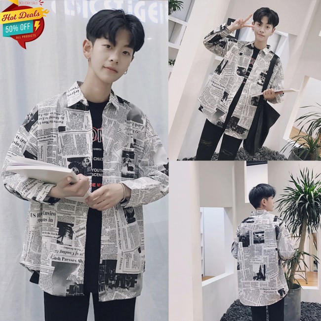 Áo Sơ Mi Tay Dài Dáng Rộng Hoạ Tiết Giấy Báo Thời Trang Xuân Hè