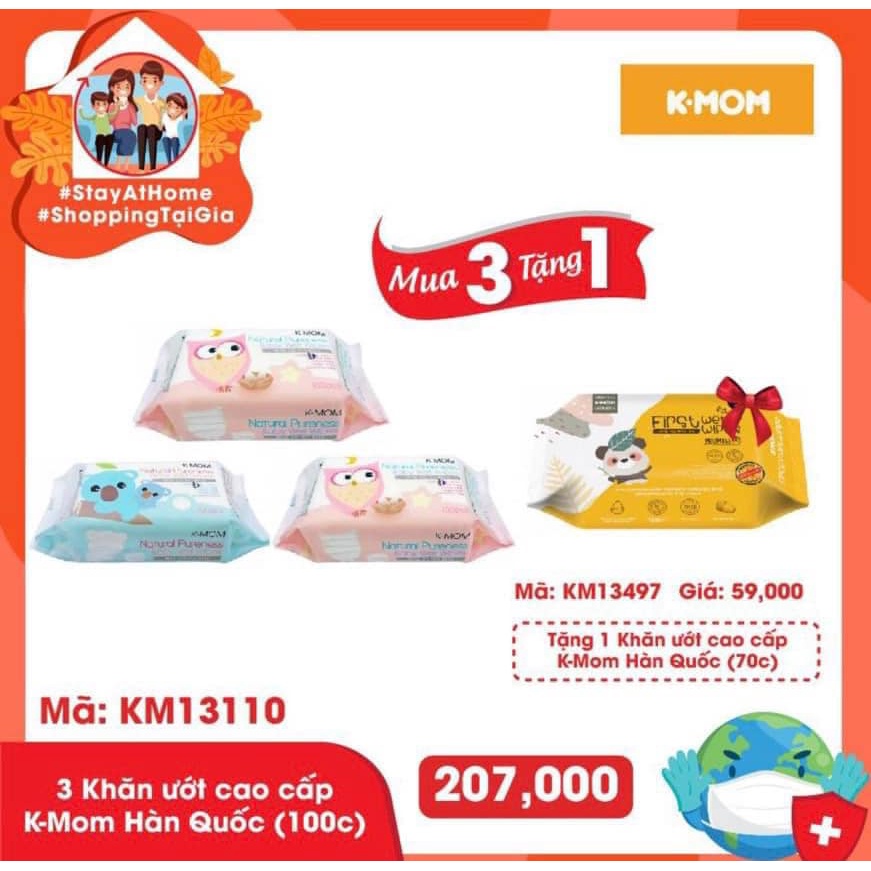 KHĂN ƯỚT CAO CẤP K-MOM HÀN QUỐC (100c) mua 3 tặng 1