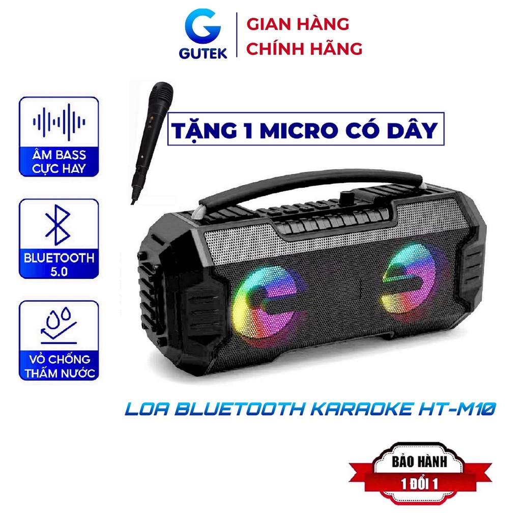 Loa Bluetooth Karaoke Xách Tay Gutek HT-M10 Bass Siêu Trầm Tặng Kèm 1 Mic Hát Có Dây Cắm Trực Tiếp