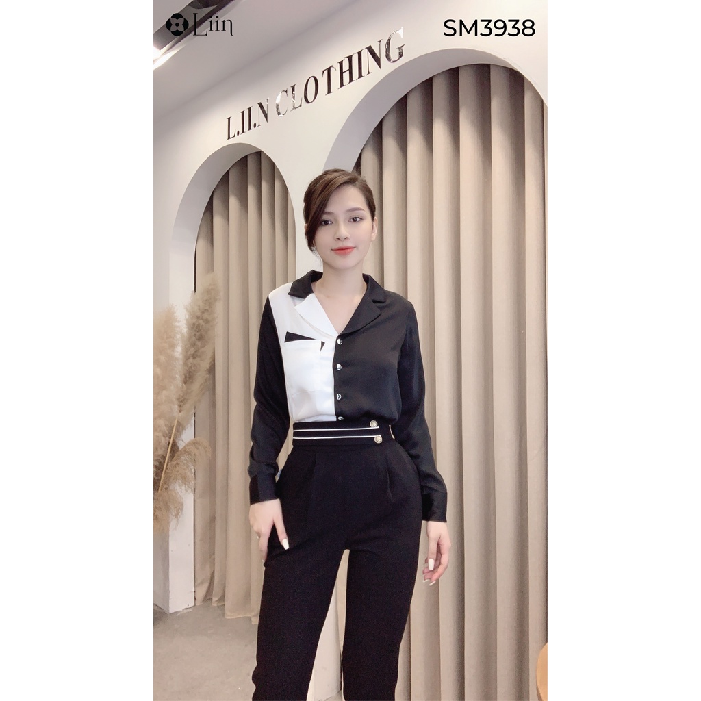 Áo sơ mi nữ dài tay màu đen phối trắng chất vải lụa mềm form chuẩn thích hợp đi chơi, đi làm Liin Clothing SM3938