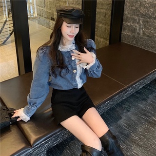 áo sơ mi denim viền ren koreastyle