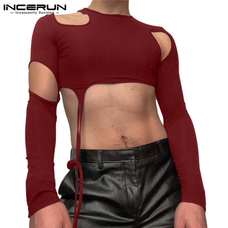 Áo thun nam INCERUN dáng lửng tay dài màu trơn khoét lỗ thời trang